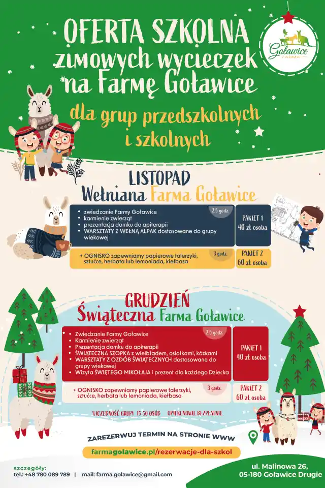 Oferta szkolna zimowych wycieczek grup szkolnych i przedszkolnych na Farmę Goławice w 2023 roku