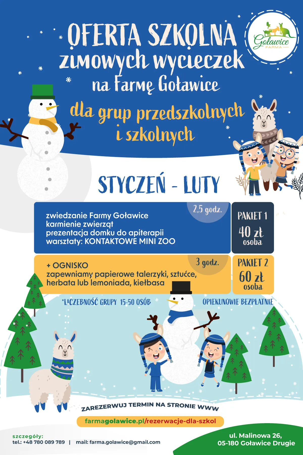 Oferta szkolna zimowych wycieczek na Farmę Goławice dla grup przedszkolnych i szkolnych